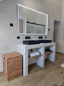 a bathroom with a sink with a mirror and a basket at La suite Cherbourgeoise in Cherbourg en Cotentin +8 photos