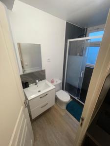 a bathroom with a white toilet and a sink at Studio F lumineux refait à neuf in Troyes
