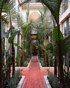 a hallway of a building with palm trees and a brick walkway at Miostello Lifestyle Riad Marrakech in Marrakech