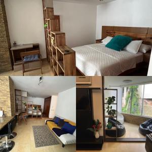 eine Collage mit Fotos von einem Schlafzimmer und einem Wohnzimmer in der Unterkunft Lomas de las Mercedes in Caracas
