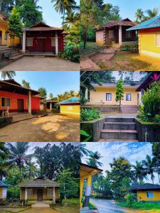 un groupe de quatre photos d'une maison dans l'établissement Kamath regency and cottages marriage Hall, à Dharmastala