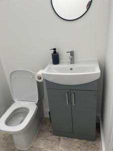 a bathroom with a sink and a toilet and a mirror at Oak Field View - Self Contained Studio in Scotby