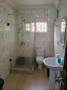 een badkamer met douche, toilet en wastafel bij Short Let Apartments in Lagos Business School Lekki Ajah in Lekki +20 foto's