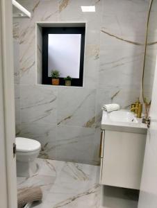 a bathroom with a toilet and a sink and a window at Costa Home in Gafanha da Nazaré +14 photos