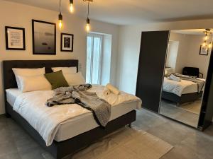 a bedroom with a large bed and a mirror at FeWo - EG Apartment Mosel- & Weinquartier, Terrasse, Parkplatz, moderne Küche bis 4 Personen in Piesport