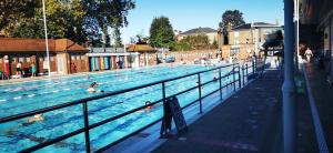 un groupe de personnes nageant dans une piscine dans l'établissement Private Room in Light, spacious flat, next to Broadway Market, E8, à Londres