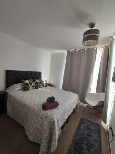un dormitorio con una cama y una silla en En MACHALI Tranquilidad y comodidad Parcking wifi, en Rancagua