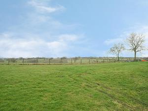 un champ verdoyant avec deux arbres et une clôture dans l'établissement Orchard Cottage, à Westward