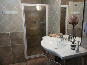 a bathroom with a white sink and a shower at Aero Garden Ensuite in Johannesburg
