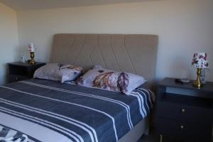 a bedroom with a bed with two pillows and two night stands at Apartmani Ana in Čapljina