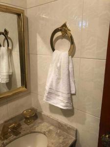 APART Deluxe Campos do Jordāo com lareira في كامبوس دو جورداو: حمام مع منشفة بيضاء معلقة على الحائط