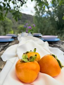 zwei Orangen auf einer weißen Serviette auf einem Tisch in der Unterkunft Casa Rural Orilla del Hueznar in Cazalla de la Sierra