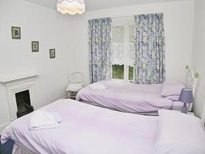 a bedroom with two beds and a fireplace and a window at Tacker Street Cottage in Withycombe