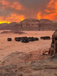 Bedouin host camp& with tour في وادي رم: مجموعة من المقاعد في الصحراء مع غروب الشمس