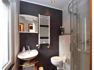a bathroom with a sink and a toilet and a mirror at Gemütliches Ferienhaus mit Pool in Blankenburg in Blankenburg +18 photos