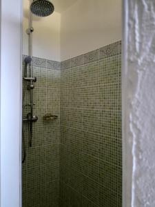 a bathroom with a shower with a glass door at Coucher de soleil in Bouillante