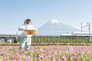 富士市にあるかんさんのお宿の花畑でミツバチの入ったバスケットを持っている人