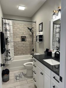 Un baño con lavabo, inodoro y ducha. en Hidden Gem, en Weaverville 52 fotos más