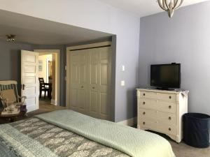 ein Schlafzimmer mit einem Bett und einem Fernseher auf einer Kommode in der Unterkunft UP Cottage in Saint Ignace