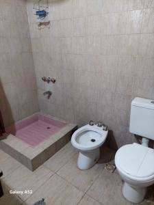 ein Badezimmer mit Toilette und Dusche mit rosafarbenem Boden in der Unterkunft Depto en arrecifes in Arrecifes