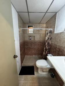 a bathroom with a shower and a toilet and a sink at Las Fuentes in Mérida +9 photos