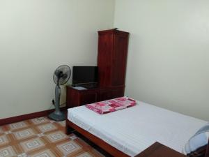 Nhà nghỉ Việt Hà - ĐH Công nghiệp TN : غرفة نوم بسرير وتلفزيون ومروحة