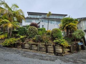 a garden in front of a house with palm trees at Seaviews on Sullivans in Paihia