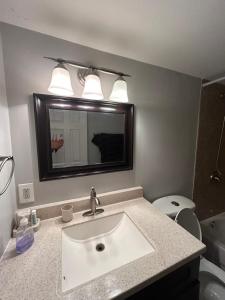 a bathroom with a sink and a toilet and a mirror at Private separate entrance suite in Oshawa