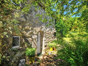 a stone house with a white door and some plants at Hen Dy-Qc56 in Dolbenmaen +22 photos