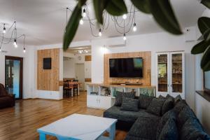 a living room with a couch and a tv at Pensiunea Nossa Panzió in Corunca