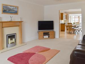 a living room with a television and a fireplace at Llwyn Ysgaw in Cemaes Bay
