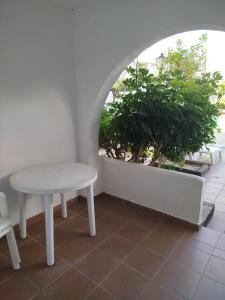 a white table and a table and a plant at TorrelagunaVera in Palomares