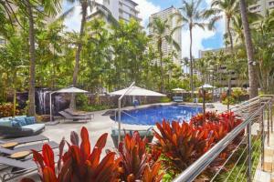 a resort swimming pool with palm trees and plants at Courtyard by Marriott Waikiki Beach in Honolulu