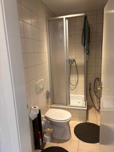 een badkamer met een douche en een toilet. bij Lindenstraße in Aue-Bad Schlema