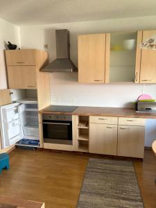 a kitchen with wooden cabinets and a stove at Lindenstraße in Aue-Bad Schlema +11 photos