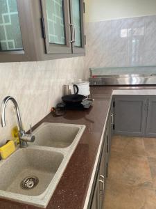 a kitchen with a sink and a counter top at Belle Mare Apartment in Belle Mare
