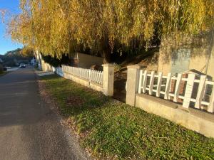a white fence next to a road with a tree at Calme et nature in Venoy +3 photos