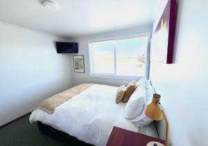 a bedroom with a large bed with a window at Top of Tyne - Peace, Comfort & Local Connection in Oamaru