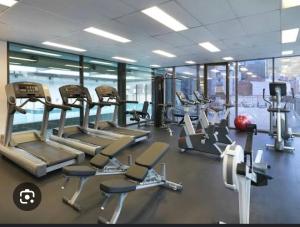 una palestra con diversi tapis roulant e macchine ellittiche di Penthouse Retreat in Heart ofCBD a Melbourne