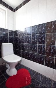 a bathroom with a toilet and a red rug at Auli Beach Area Holiday Home in Pärnu +5 photos