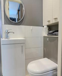 ブロムリーにあるCosy Studio Flatの白いトイレと鏡のあるバスルーム