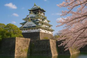 un castillo con muralla y cerezos en r311 Spacious Apartment near Dotonbori Namba Walk to Nipponbashi, en Osaka