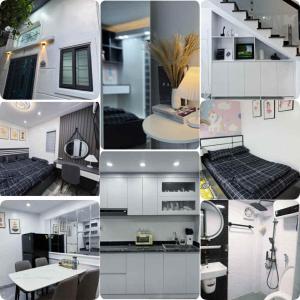eine Collage mit Fotos von einer Küche und einem Wohnzimmer in der Unterkunft Kem Homestay 2 - Nhà riêng 2 phòng ngủ in Haiphong