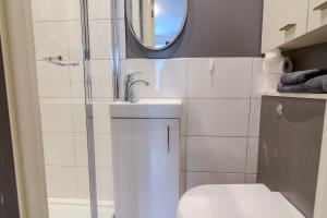 ブロムリーにあるCosy Studio Flatのシャワー、トイレ、洗面台を備えたバスルーム