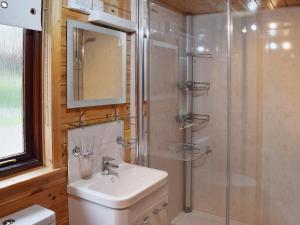 a bathroom with a shower and a toilet and a sink at Ashness in Keswick