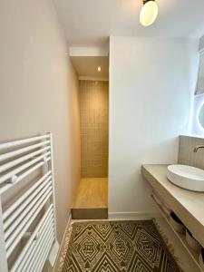 a bathroom with a shower with a sink and a toilet at Appartement au port de Dinan Belle île in Dinan +22 photos