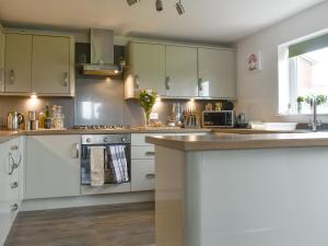 a kitchen with green cabinets and a counter top at Hornby Cottage in Saint Michaels on Wyre
