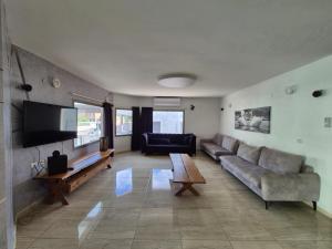 un salon avec un canapé et une télévision dans l'établissement וילות היוקרה עידן הנוף ואחוזת אסתובן, à Ya‘ara