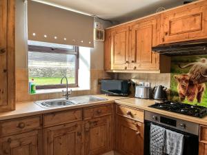 a kitchen with wooden cabinets and a stove top oven at Haddon Cottage - Uk40270 in Bakewell