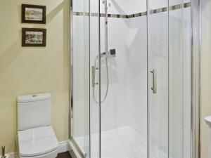 a bathroom with a shower and a toilet at Granary Cottage in Penrhyn Bay +9 photos
